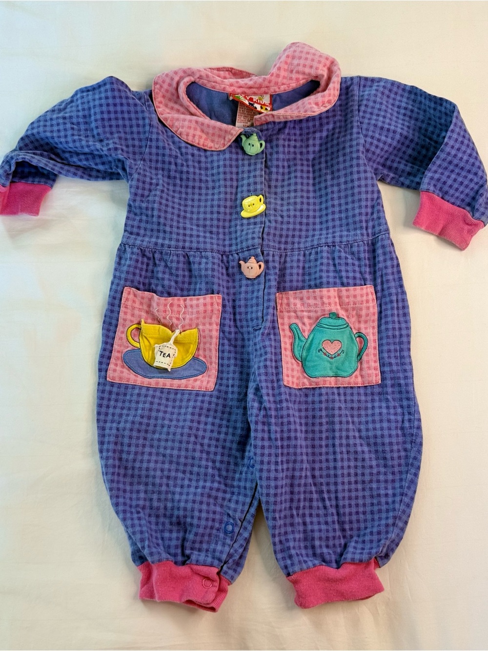 Vintage Purple & Pink Gingham Baby Romper with Tea Time Patches and Buttons